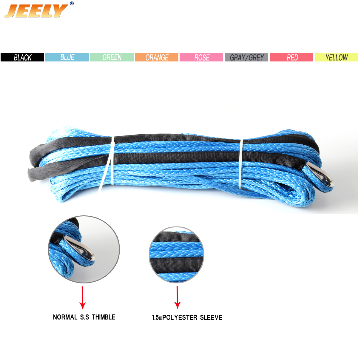  15MM*30M UHMWPE Synthetic Winch Towing Rope With Thimble For Rope Winch